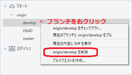 SourceTree（リモート「origin/developを削除」）