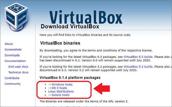 VirtualBox（ダウンロード画面）