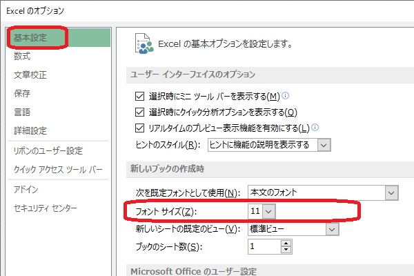 Excel（オプション画面「フォントサイズ」）